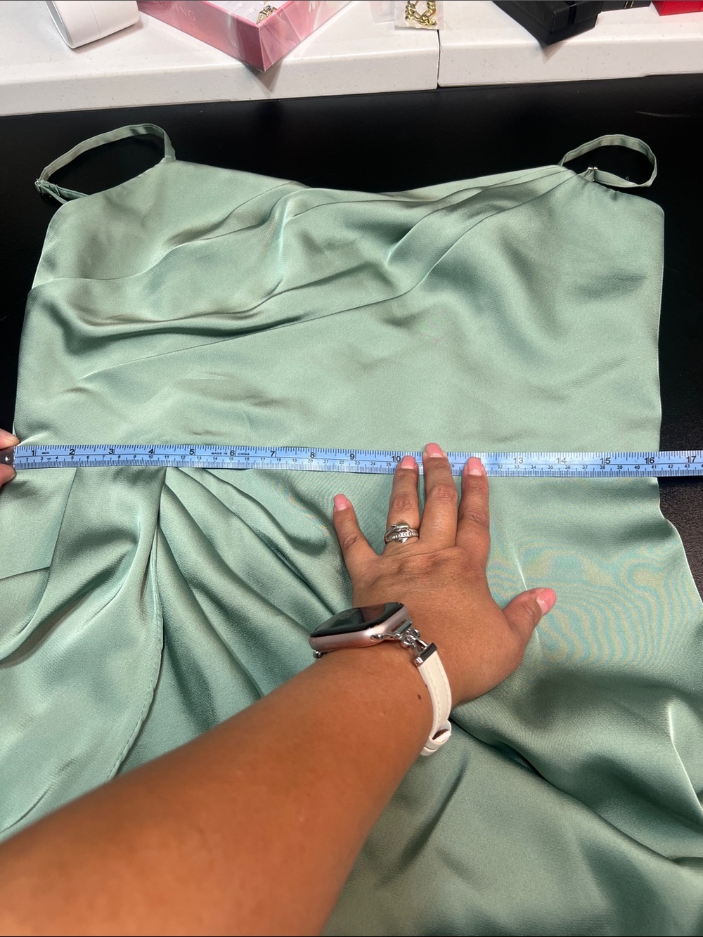 Azazie Sage Green Satin Draped Spaghetti Strap Gown - Picture 10 of 16